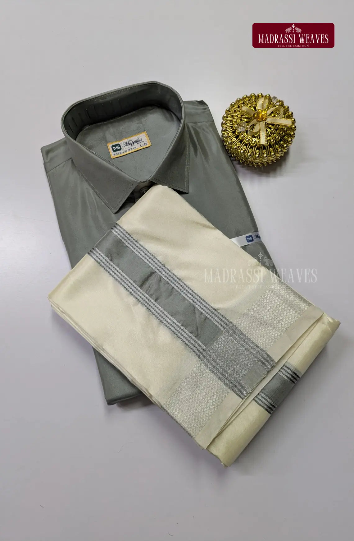 Kids Premium Silk Dhoti Set with Colour Zari - Steel Grey