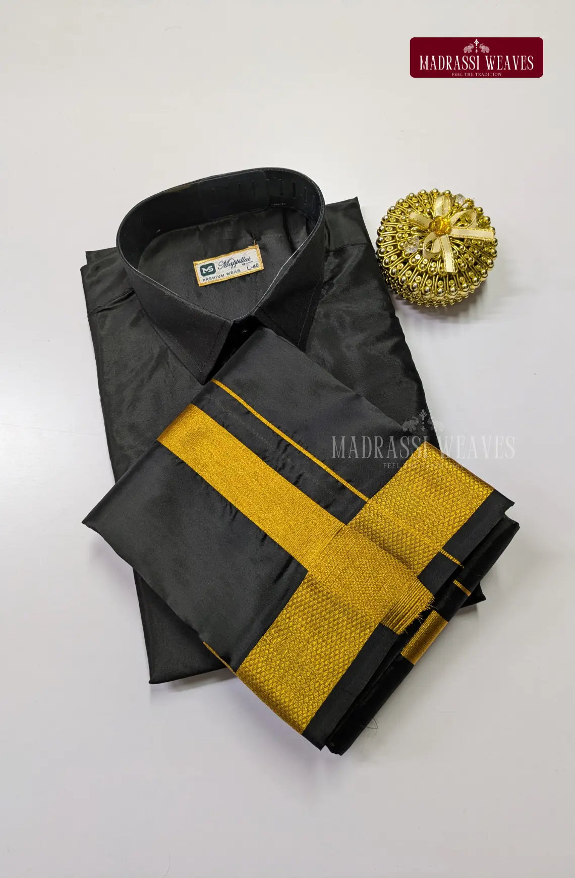 Kids Premium Silk Dhoti Set with Gold Zari - Black