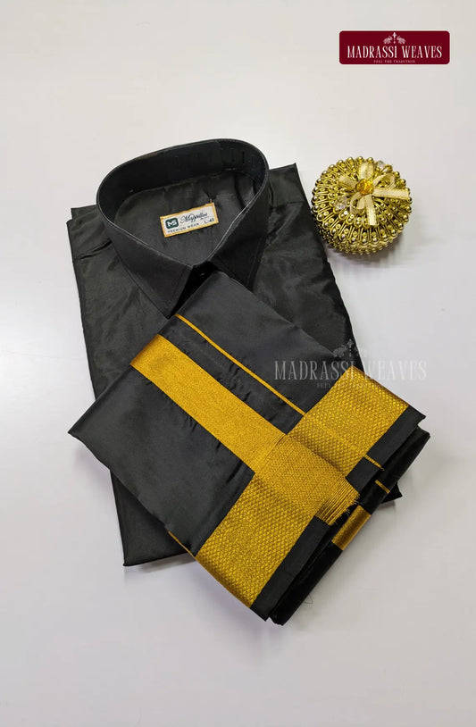 Kids Premium Silk Dhoti Set with Gold Zari - Black