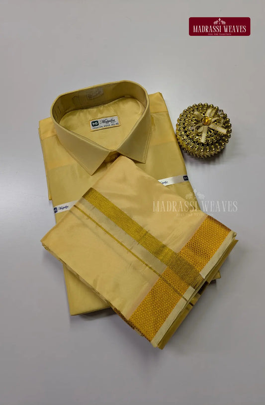 Kids Premium Silk Dhoti Set with Gold Zari - Champagne