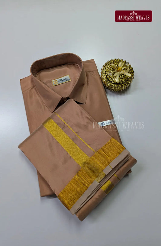Kids Premium Silk Dhoti Set with Gold Zari - Copper