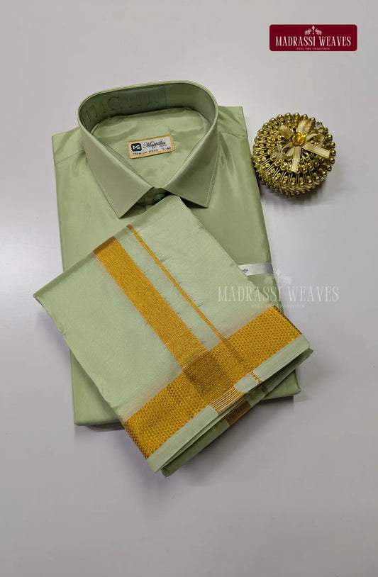 Kids Premium Silk Dhoti Set with Gold Zari - Marine Green
