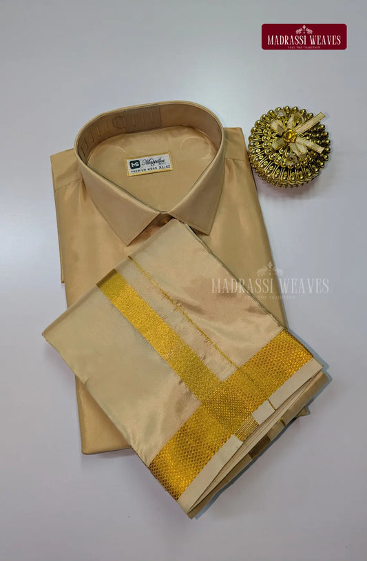 Kids Premium Silk Dhoti Set with Gold Zari - Natural Sandal