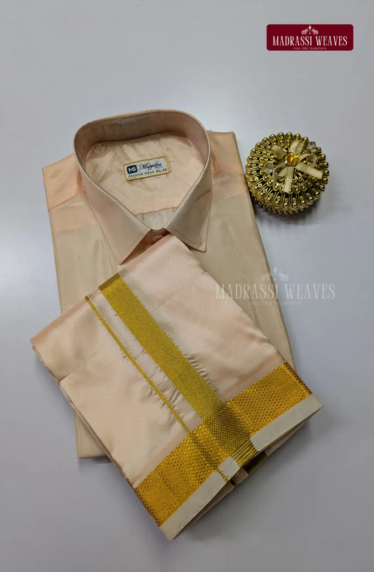 Kids Premium Silk Dhoti Set with Gold Zari - Peach