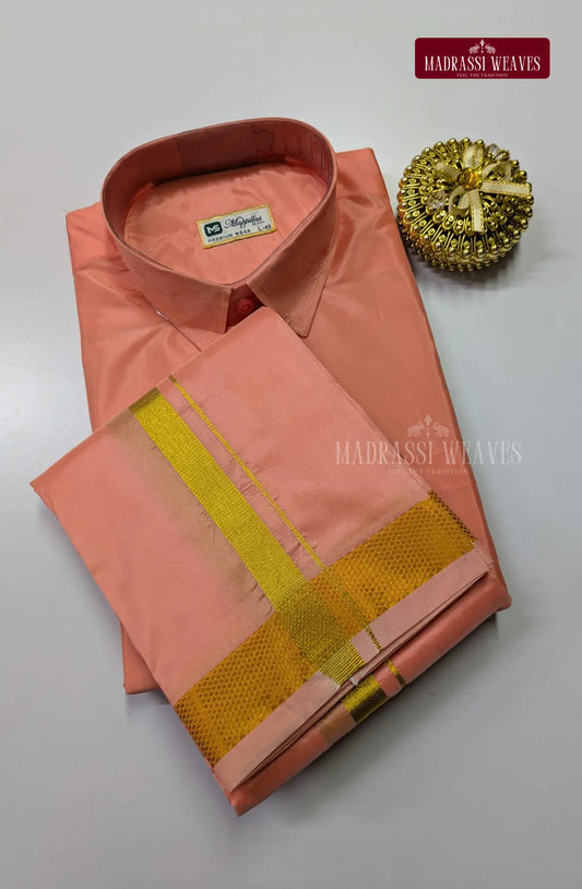 Kids Premium Silk Dhoti Set with Gold Zari - Pinkish Peach