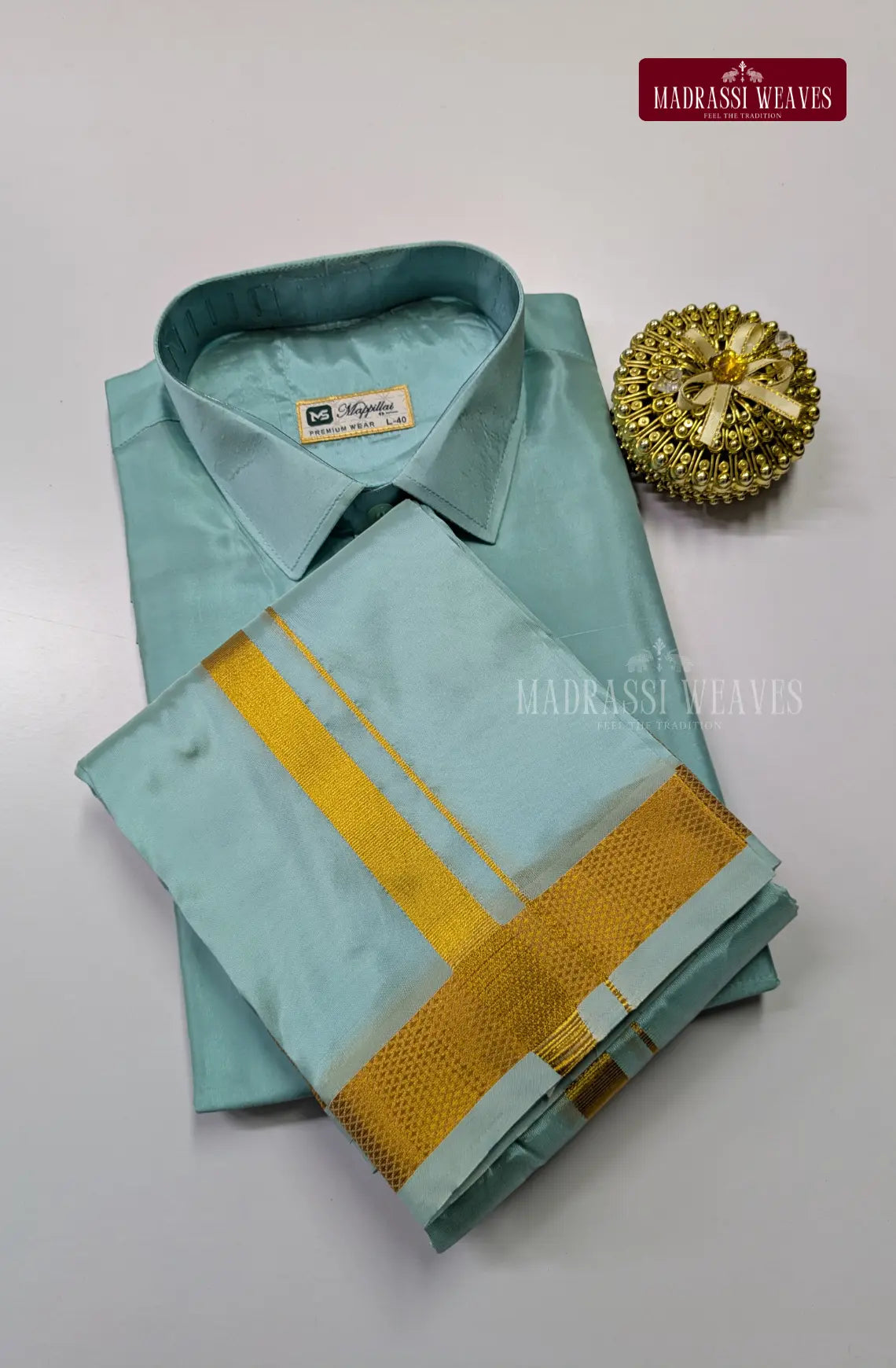 Kids Premium Silk Dhoti Set with Gold Zari - Pastel Rama