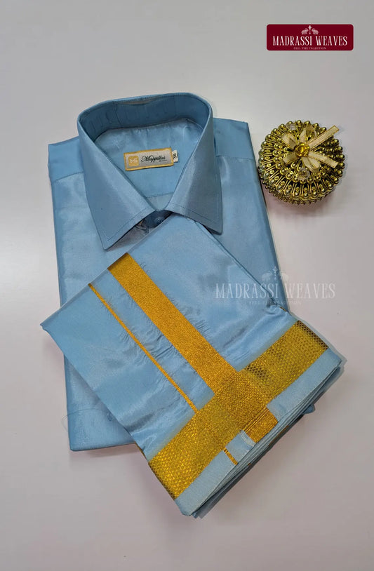 Kids Premium Silk Dhoti Set with Gold Zari - Sky Blue