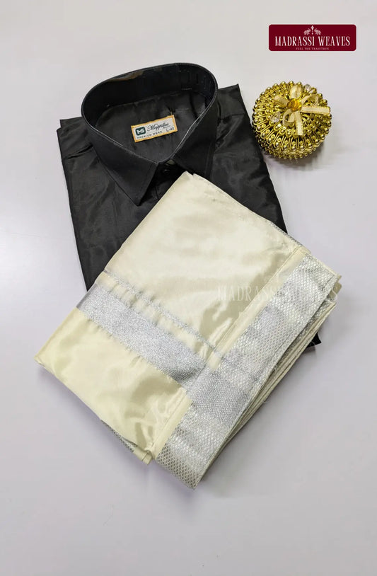 Kids Premium Silk Dhoti Set with Silver Zari - Black