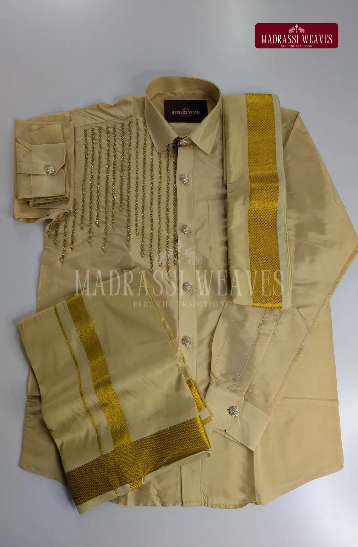 Luxury Aari Work Wedding Silk Dhoti Set 7 (HandCrafted) -(DESPATCH TIME 15 DAYS)