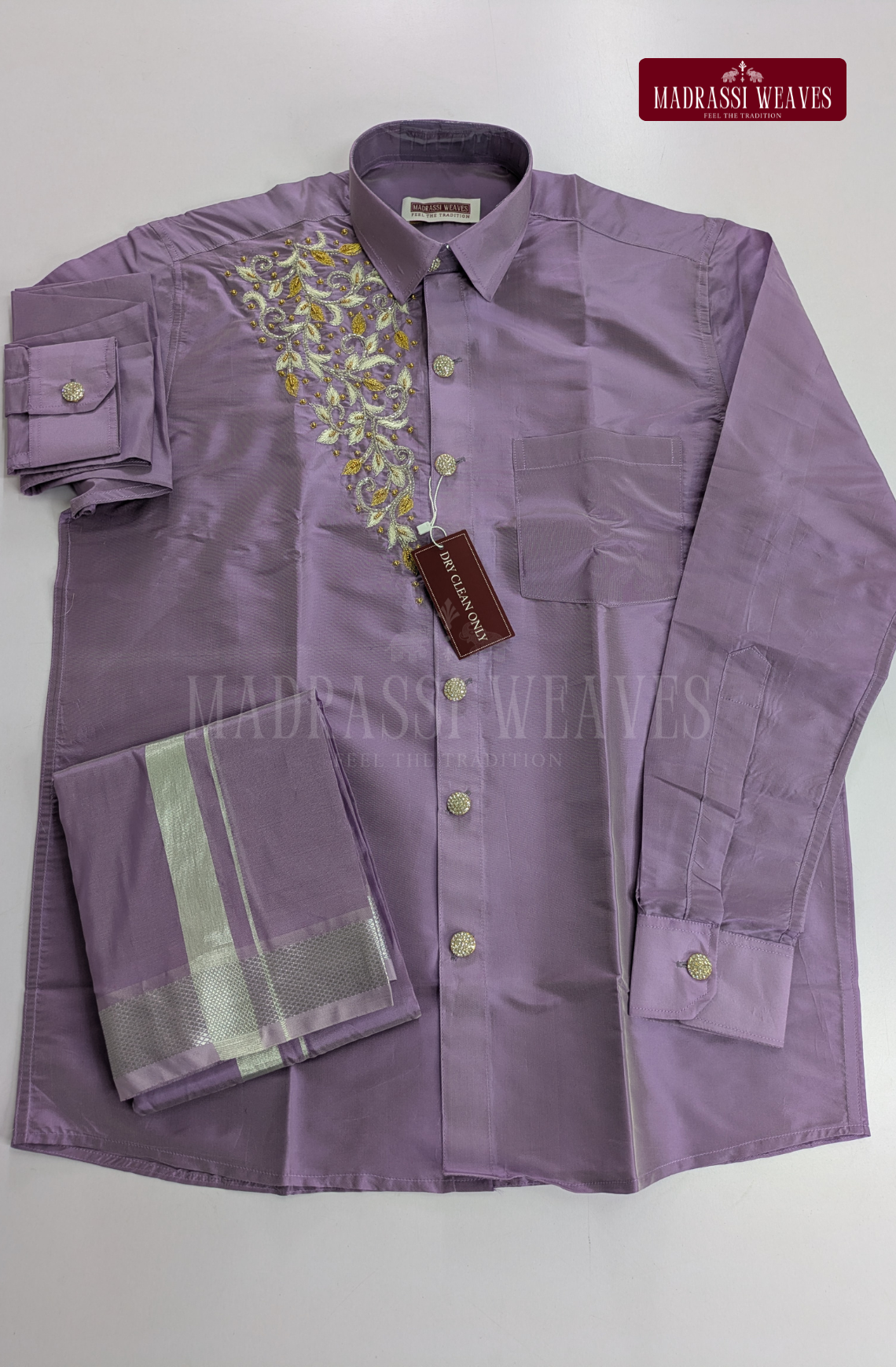 Luxury Aari Work Wedding Silk Dhoti Set (HandCrafted) - (DESPATCH TIME 15 DAYS)-Lavender