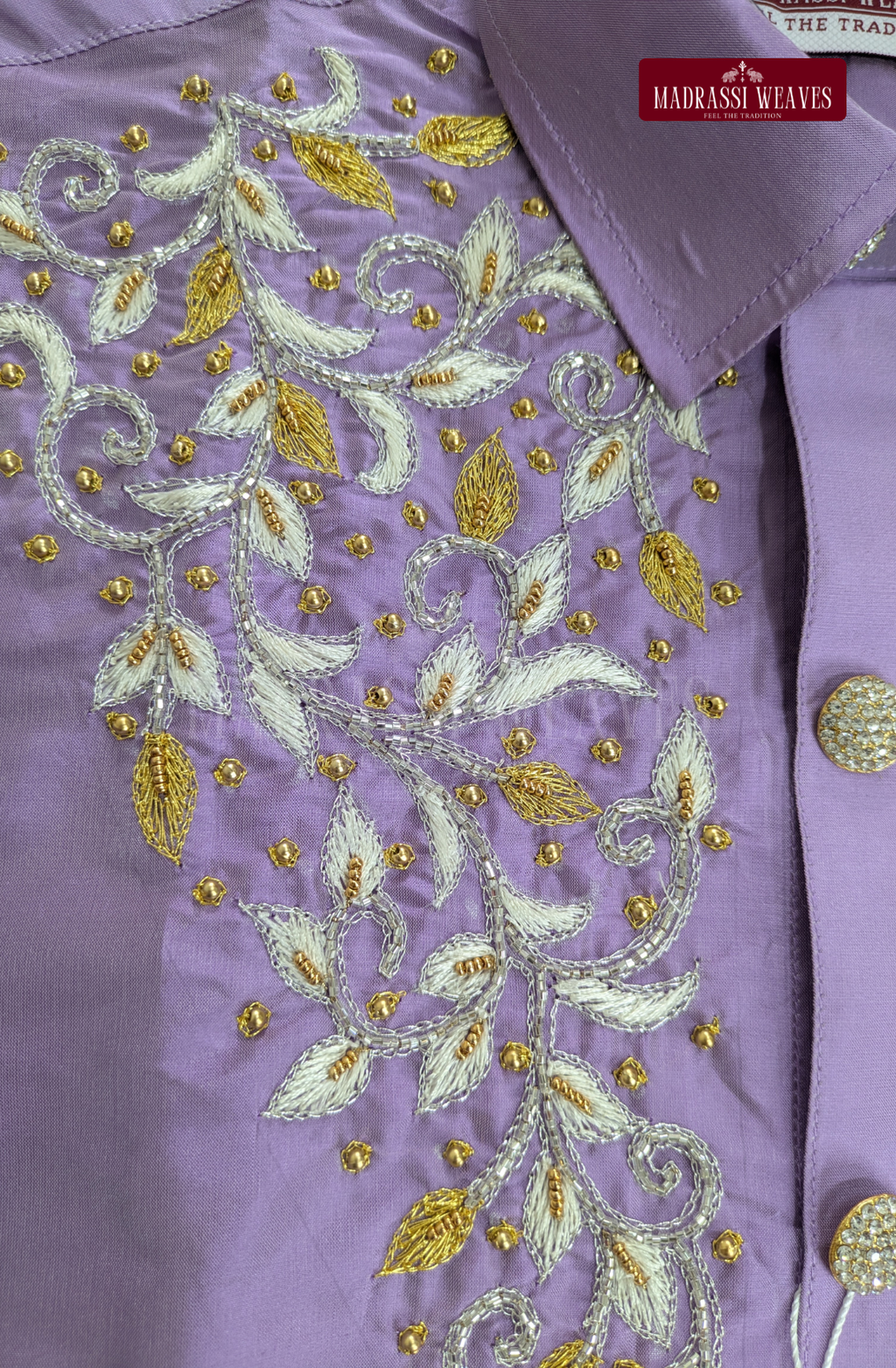 Luxury Aari Work Wedding Silk Dhoti Set (HandCrafted) - (DESPATCH TIME 15 DAYS)-Lavender