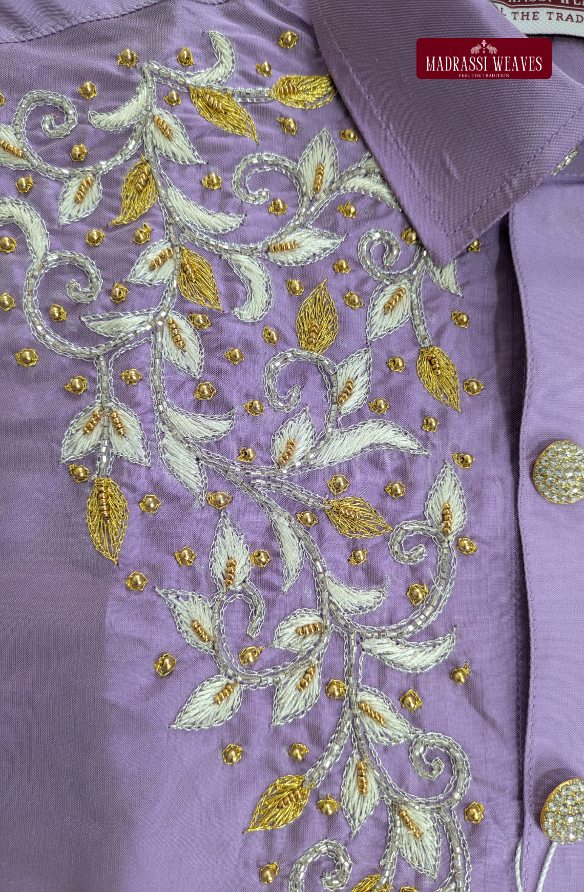 Luxury Aari Work Wedding Silk Dhoti Set (HandCrafted) - (DESPATCH TIME 15 DAYS)-Lavender