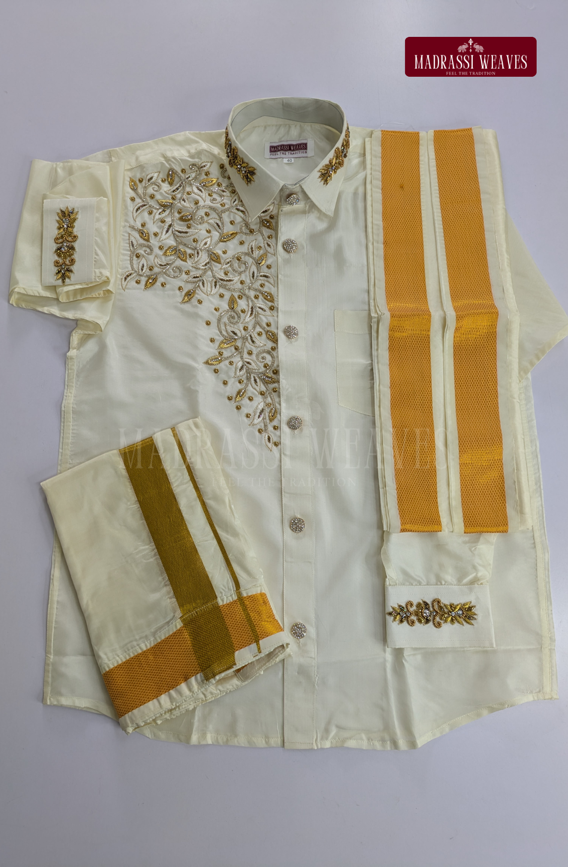 Luxury Aari Work Wedding Silk Dhoti Set (HandCrafted) -(DESPATCH TIME 15 DAYS)-Off White