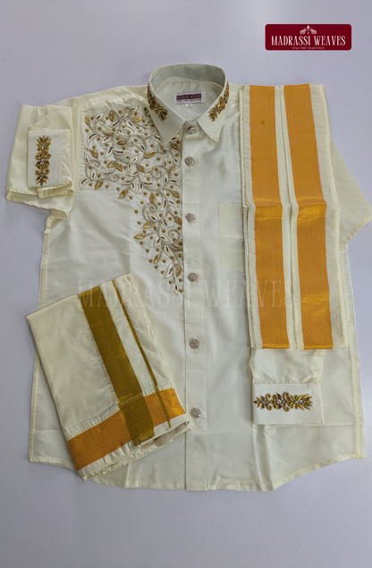 Luxury Aari Work Wedding Silk Dhoti Set (HandCrafted) -(DESPATCH TIME 15 DAYS)-Off White