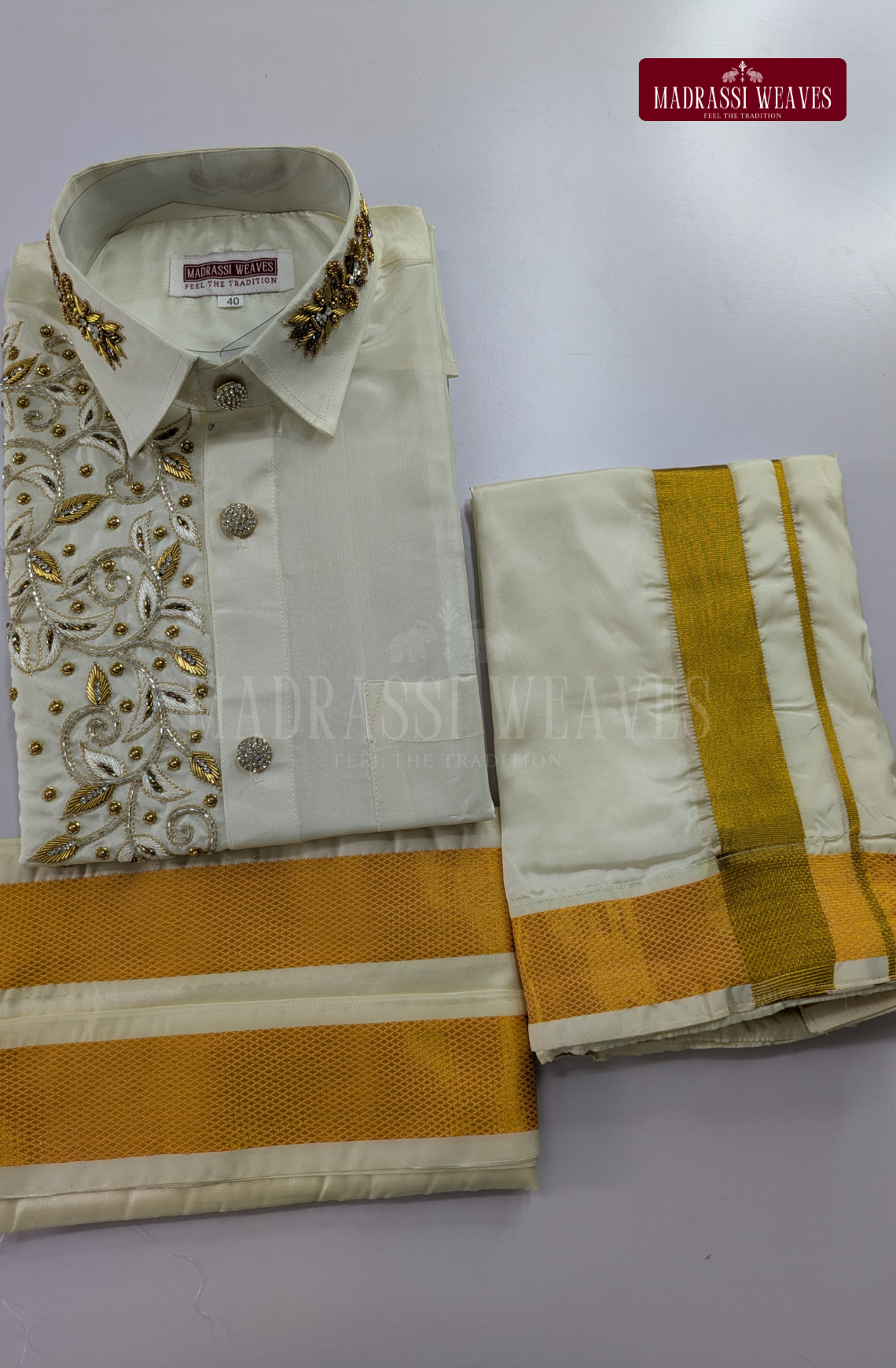 Luxury Aari Work Wedding Silk Dhoti Set (HandCrafted) -(DESPATCH TIME 15 DAYS)-Off White