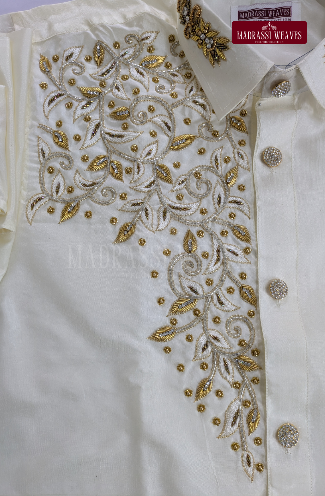 Luxury Aari Work Wedding Silk Dhoti Set (HandCrafted) -(DESPATCH TIME 15 DAYS)-Off White