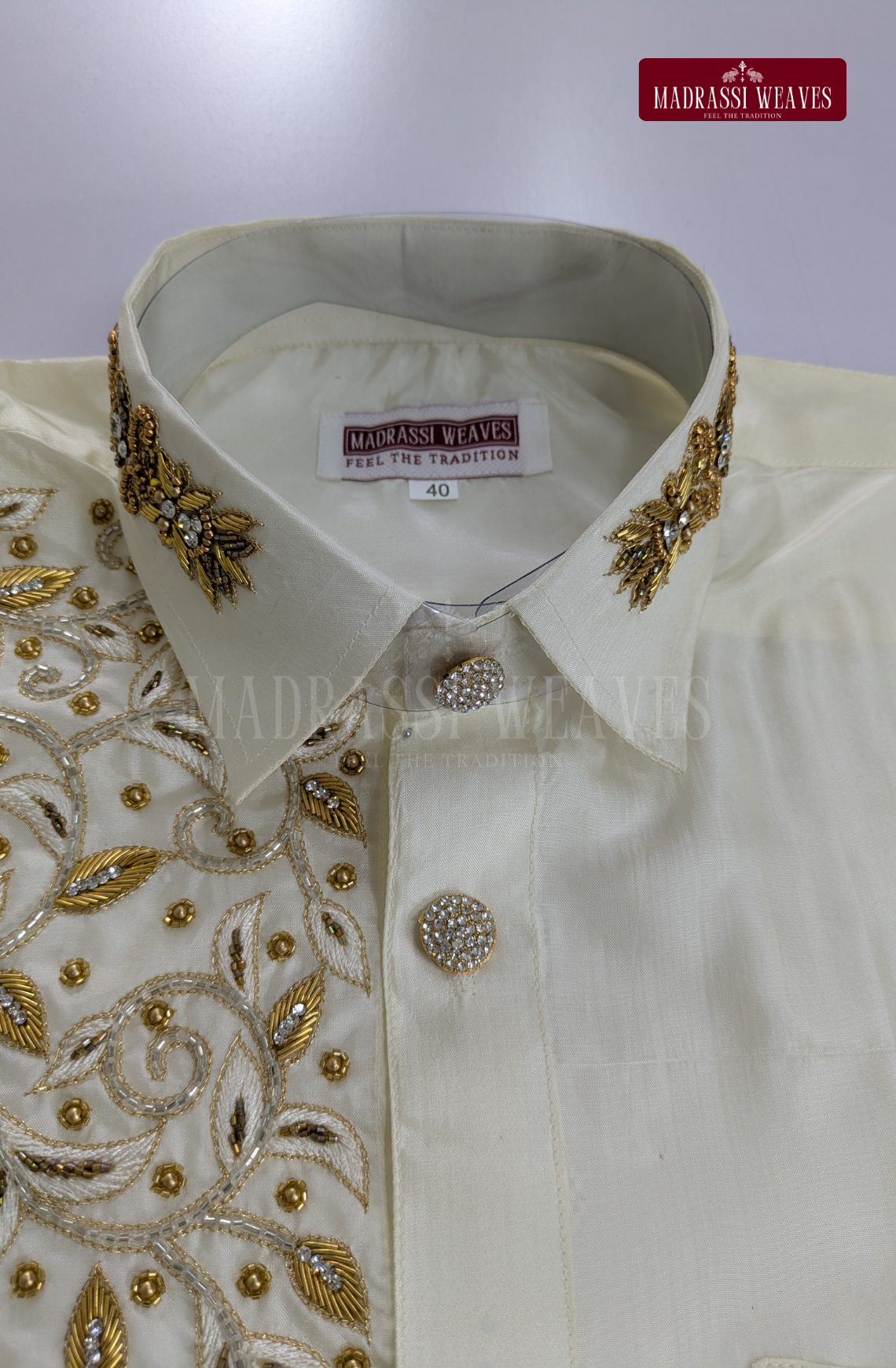 Luxury Aari Work Wedding Silk Dhoti Set (HandCrafted) -(DESPATCH TIME 15 DAYS)-Off White