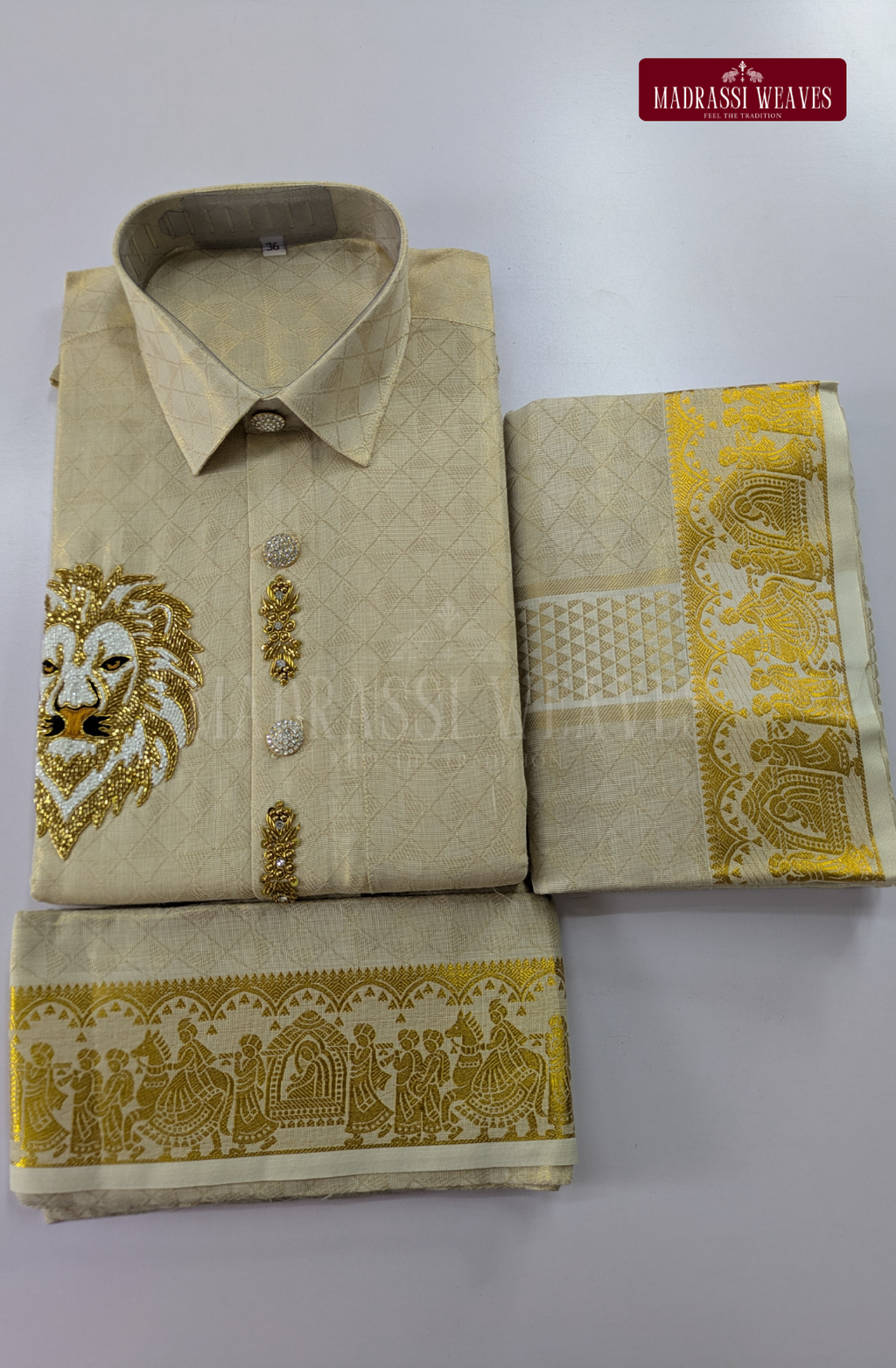Luxury Aari Work Wedding Silk Dhoti Set (HandCrafted) - (DESPATCH TIME 15 DAYS)-Beige