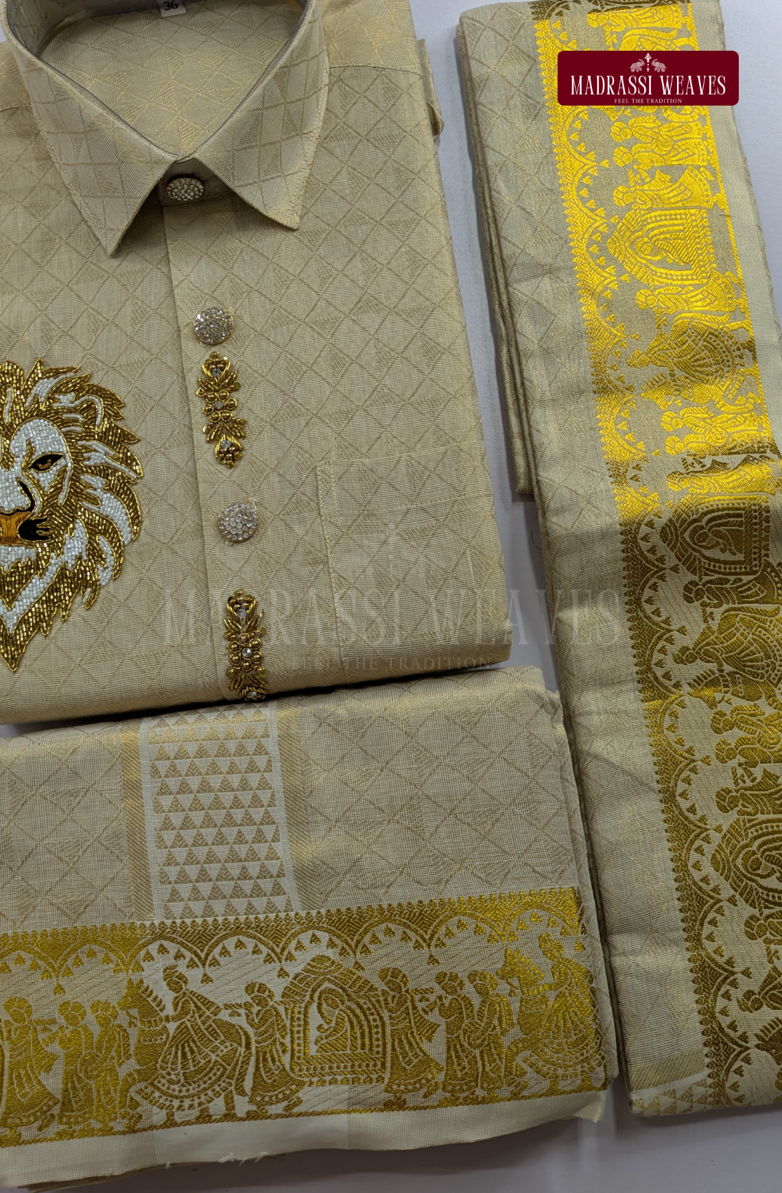 Luxury Aari Work Wedding Silk Dhoti Set (HandCrafted) - (DESPATCH TIME 15 DAYS)-Beige