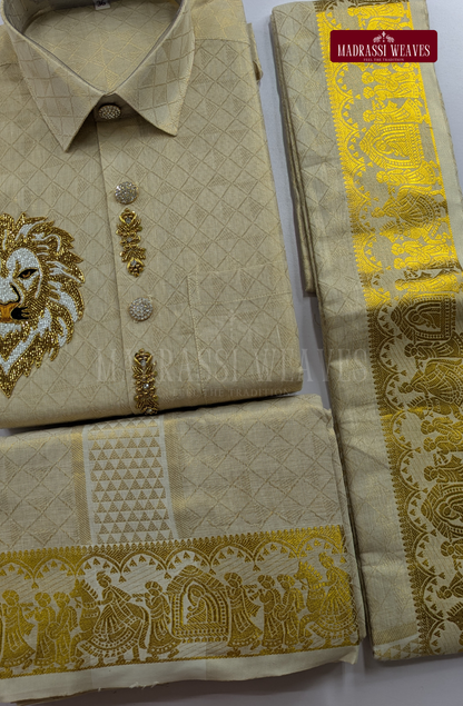 Luxury Aari Work Wedding Silk Dhoti Set (HandCrafted) - (DESPATCH TIME 15 DAYS)-Beige
