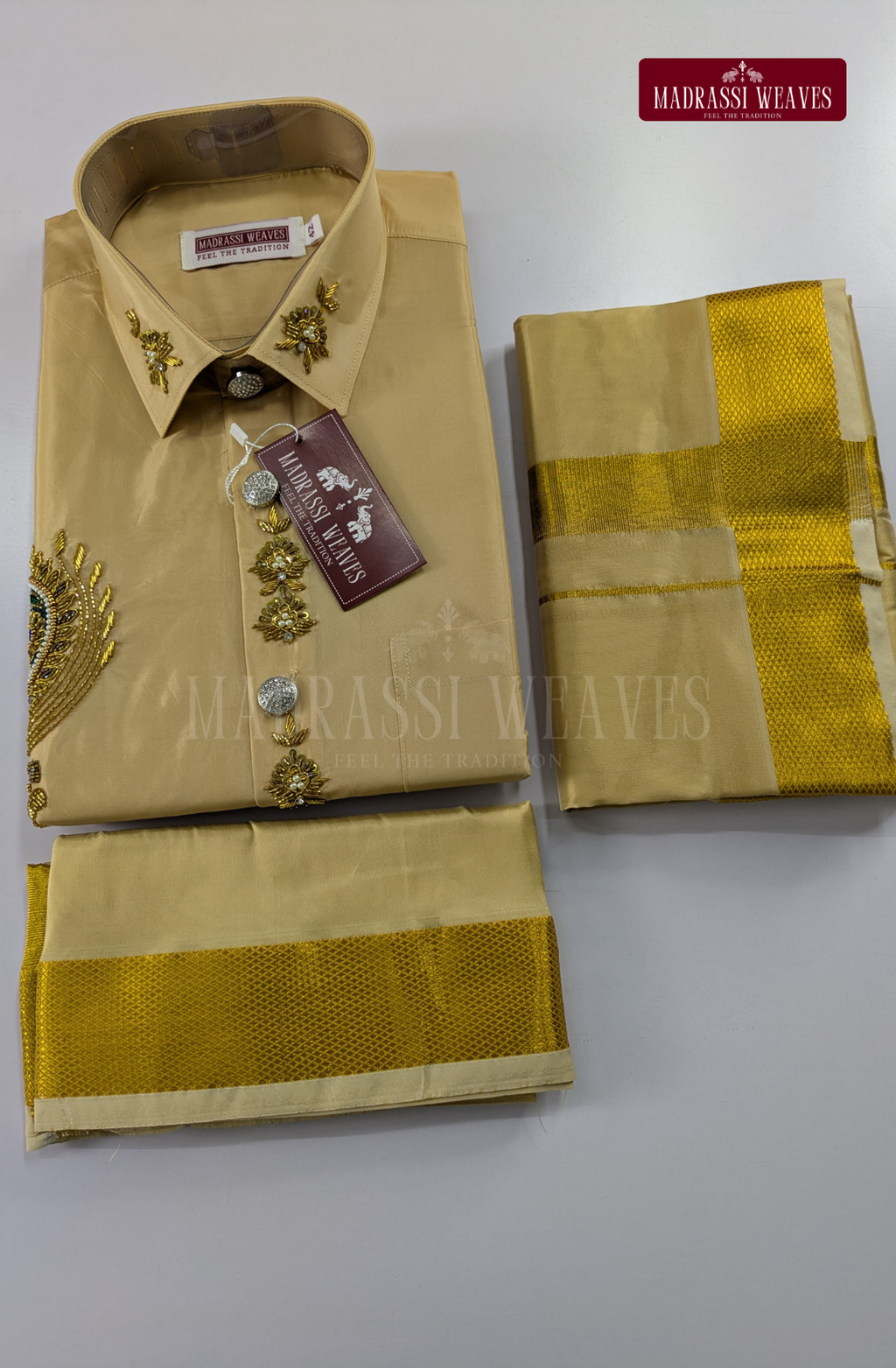 Luxury Aari Work Wedding Silk Dhoti Set (HandCrafted) -(DESPATCH TIME 15 DAYS)-Beige