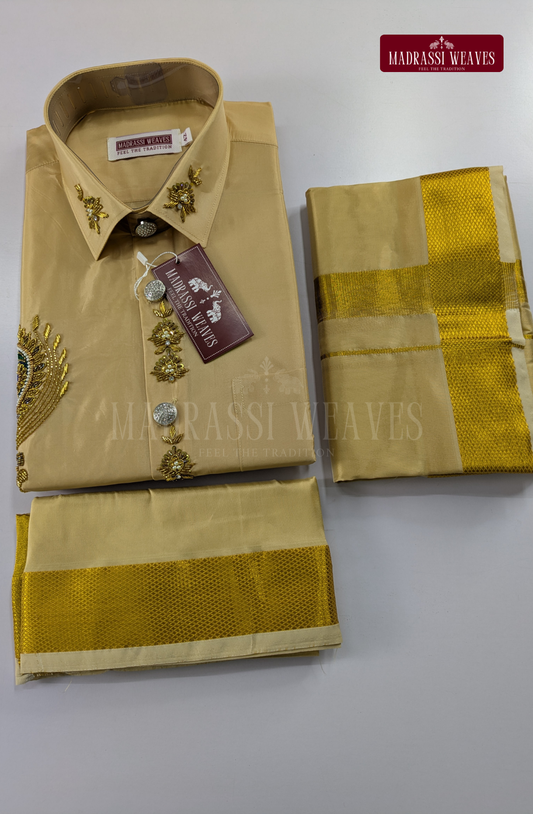 Luxury Aari Work Wedding Silk Dhoti Set (HandCrafted) -(DESPATCH TIME 15 DAYS)-Beige
