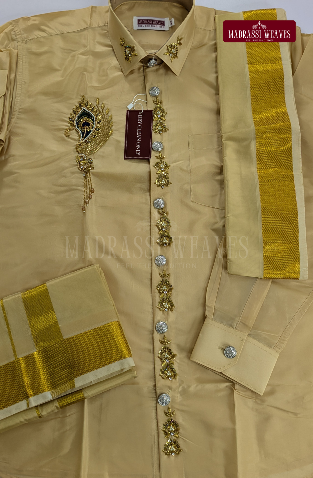 Luxury Aari Work Wedding Silk Dhoti Set (HandCrafted) -(DESPATCH TIME 15 DAYS)-Beige