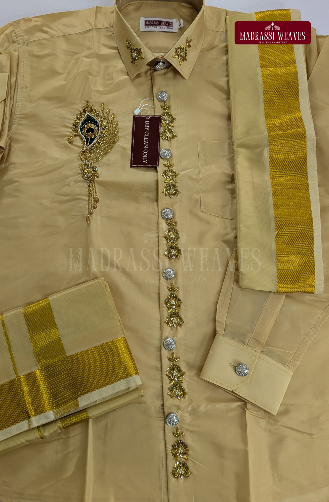 Luxury Aari Work Wedding Silk Dhoti Set (HandCrafted) -(DESPATCH TIME 15 DAYS)-Beige