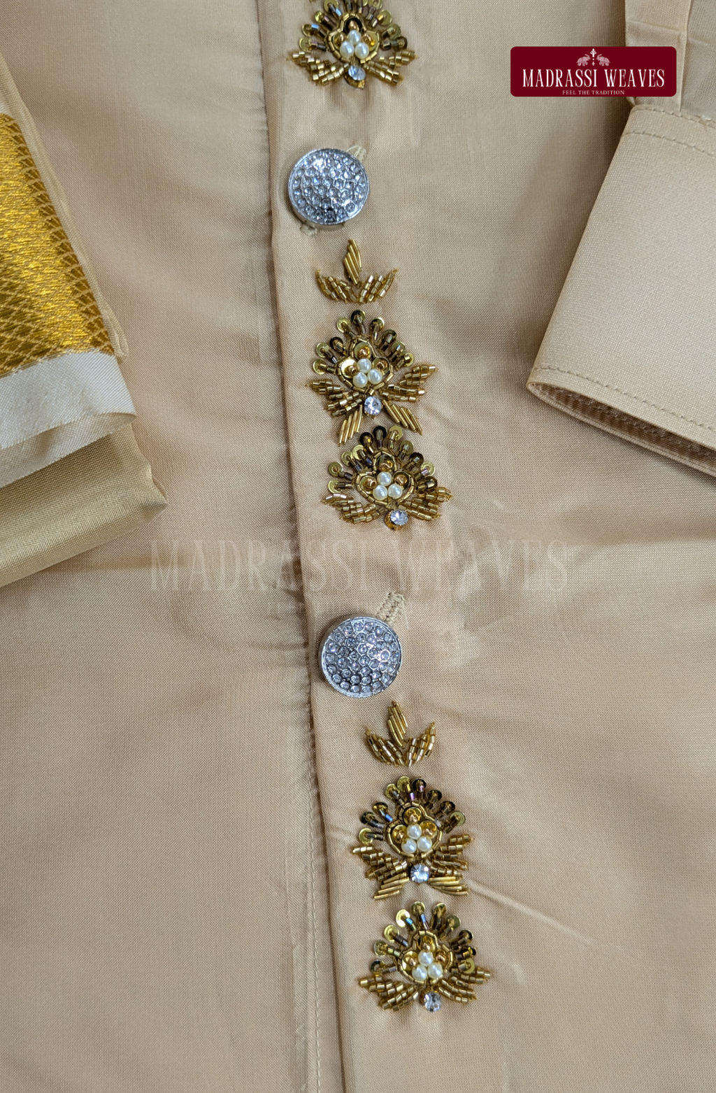 Luxury Aari Work Wedding Silk Dhoti Set (HandCrafted) -(DESPATCH TIME 15 DAYS)-Beige