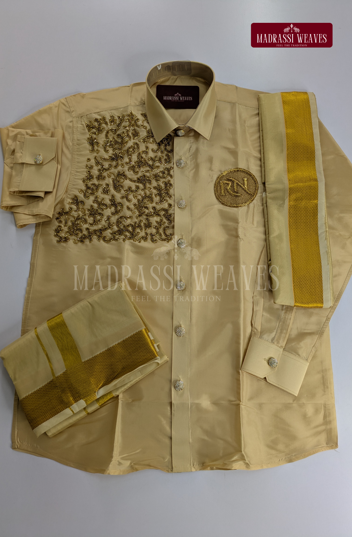 Luxury Aari Work Wedding Silk Dhoti Set 9 (HandCrafted) - (DESPATCH TIME 15 DAYS)