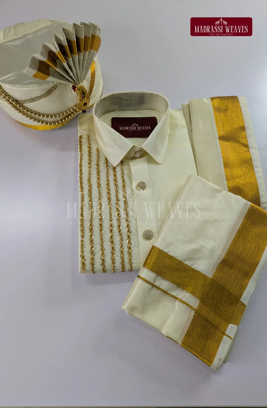 Luxury Aari Work Wedding Silk Dhoti Set 1 (HandCrafted) - Pearl White