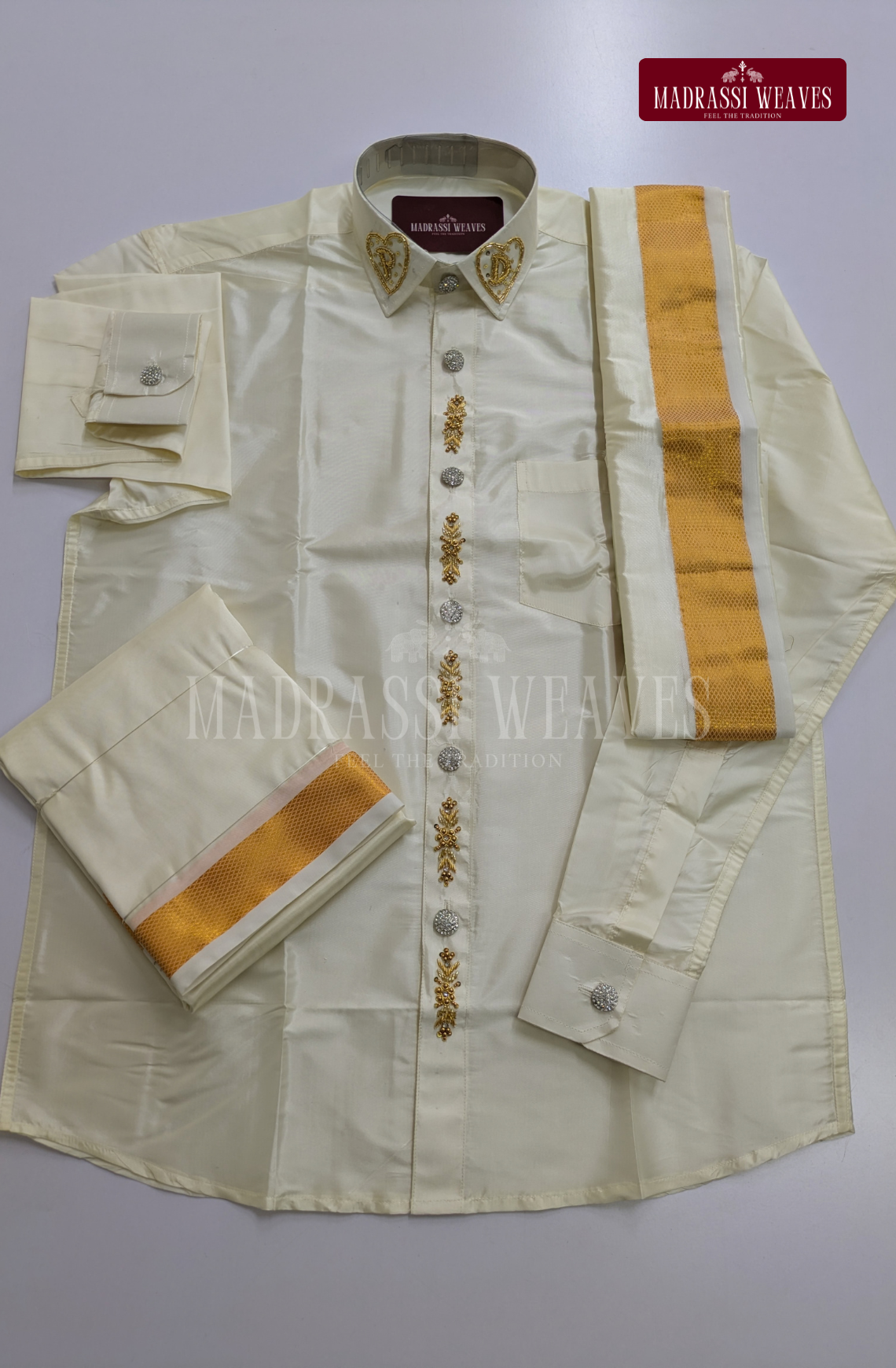 Luxury Aari Work Wedding Silk Dhoti Set (Hand Crafted) -(DESPATCH TIME 15 DAYS)