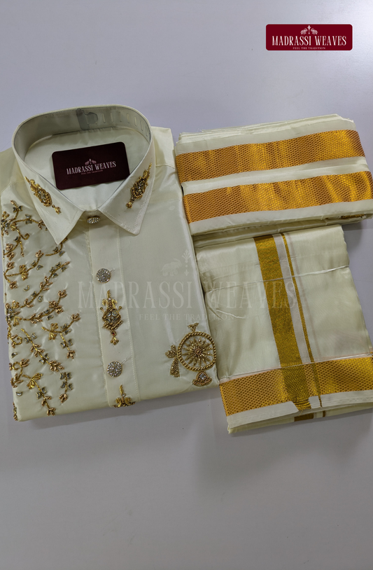 Luxury Aari Work Wedding Silk Dhoti Set (HandCrafted) -(DESPATCH TIME 15 DAYS) - Off White