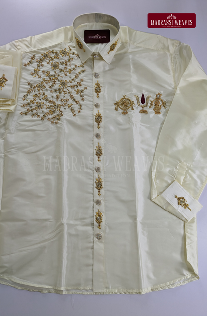 Luxury Aari Work Wedding Silk Dhoti Set (HandCrafted) -(DESPATCH TIME 15 DAYS) - Off White