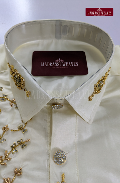 Luxury Aari Work Wedding Silk Dhoti Set (HandCrafted) -(DESPATCH TIME 15 DAYS) - Off White
