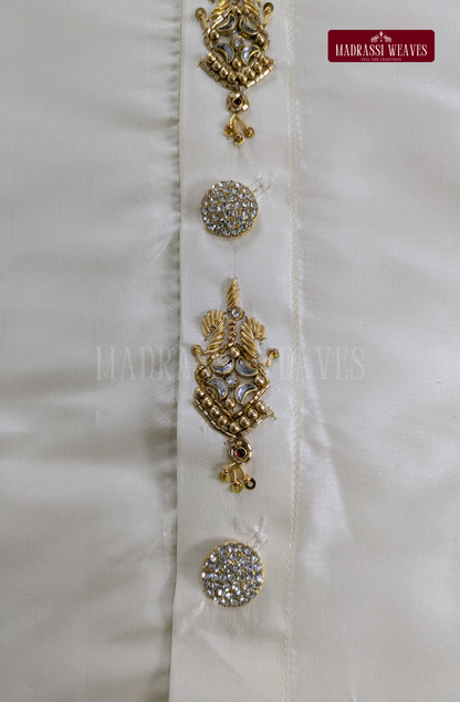 Luxury Aari Work Wedding Silk Dhoti Set (HandCrafted) -(DESPATCH TIME 15 DAYS) - Off White