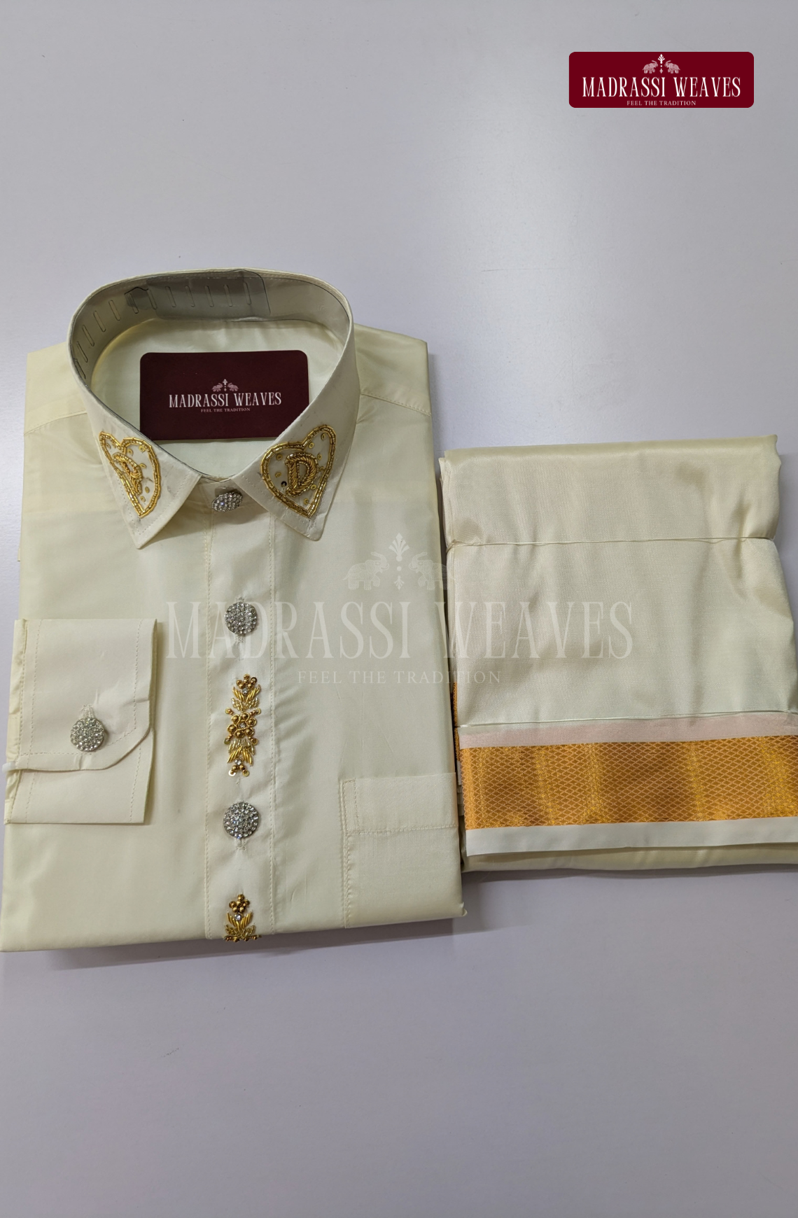 Luxury Aari Work Wedding Silk Dhoti Set (Hand Crafted) -(DESPATCH TIME 15 DAYS)