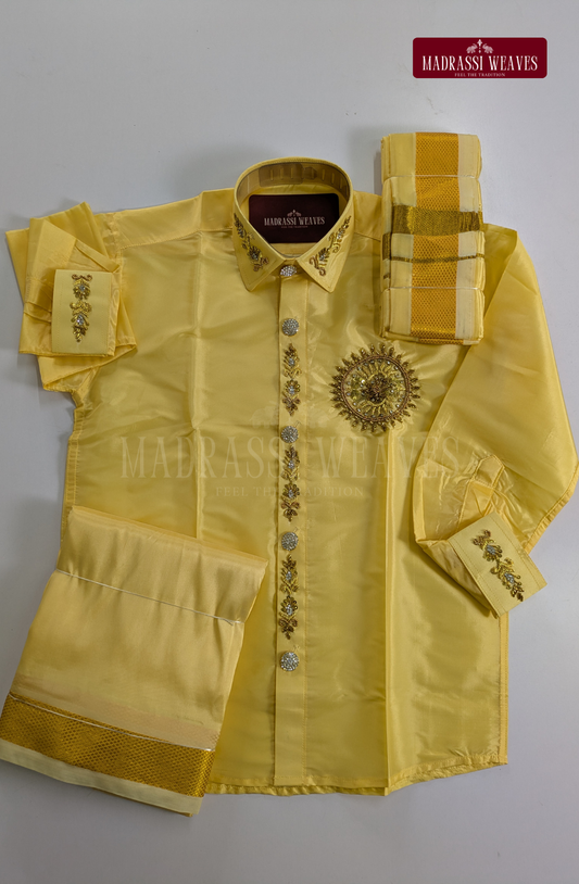 Luxury Aari Work Wedding Silk Dhoti Set (HandCrafted) -(DESPATCH TIME 15 DAYS)