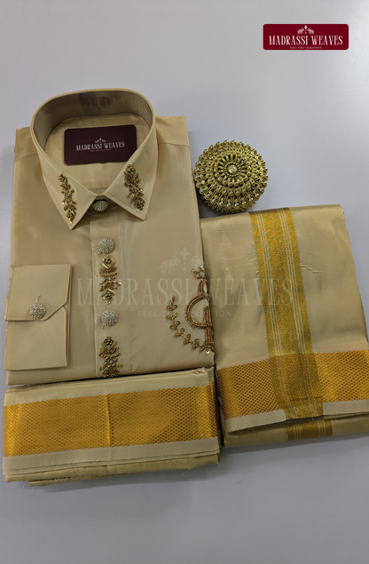 Luxury Aari Work Wedding Silk Dhoti Set (HandCrafted) -(DESPATCH TIME 15 DAYS)