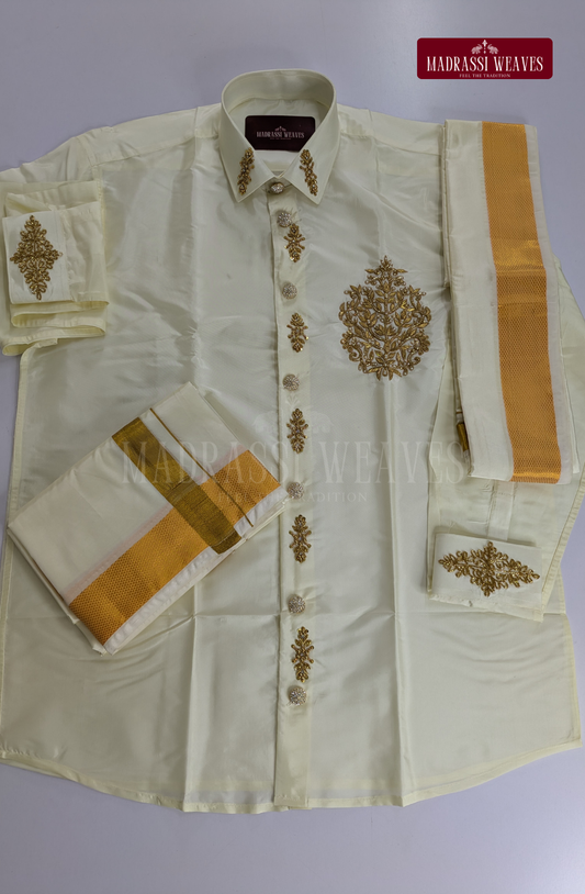 Luxury Aari Work Wedding Silk Dhoti Set (HandCrafted) -(DESPATCH TIME 15 DAYS)
