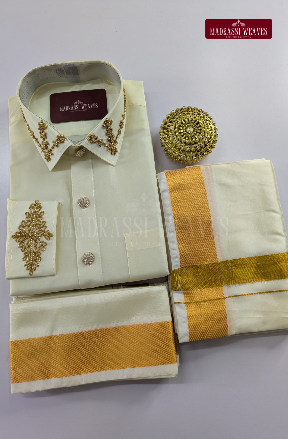 Luxury Aari Work Wedding Silk Dhoti Set (HandCrafted) -(DESPATCH TIME 15 DAYS)