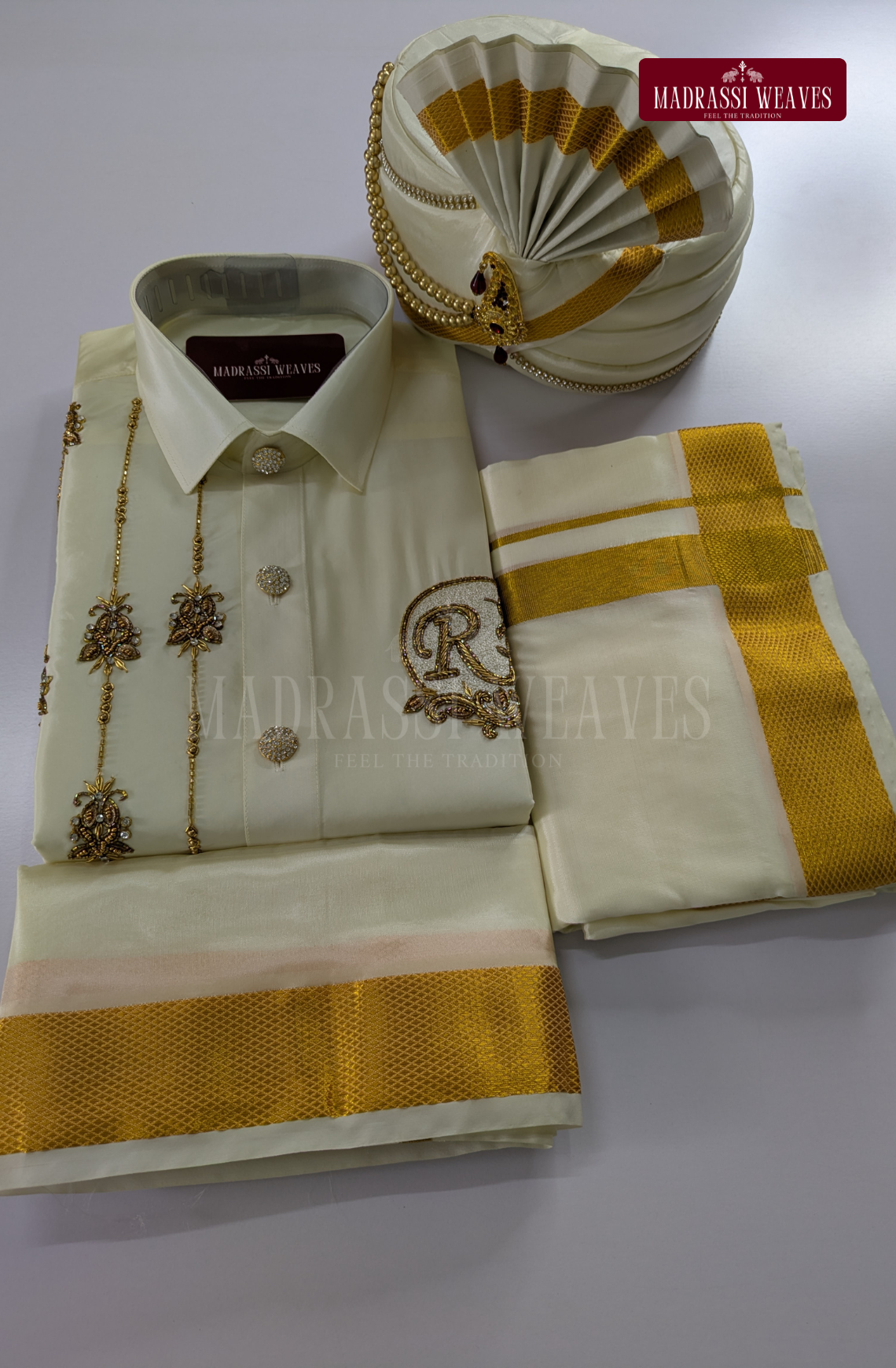 Luxury Aari Work Wedding Silk Dhoti Set (HandCrafted) -(DESPATCH TIME 15 DAYS)