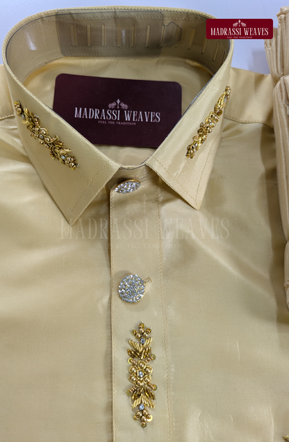 Luxury Aari Work Wedding Silk Dhoti Set (HandCrafted) -(DESPATCH TIME 15 DAYS) - Beige