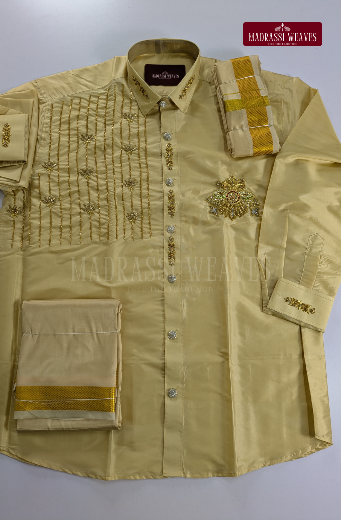 Luxury Aari Work Wedding Silk Dhoti Set (HandCrafted) -(DESPATCH TIME 15 DAYS) - Beige
