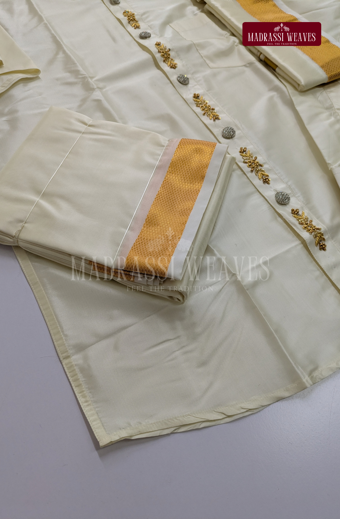 Luxury Aari Work Wedding Silk Dhoti Set (Hand Crafted) -(DESPATCH TIME 15 DAYS)