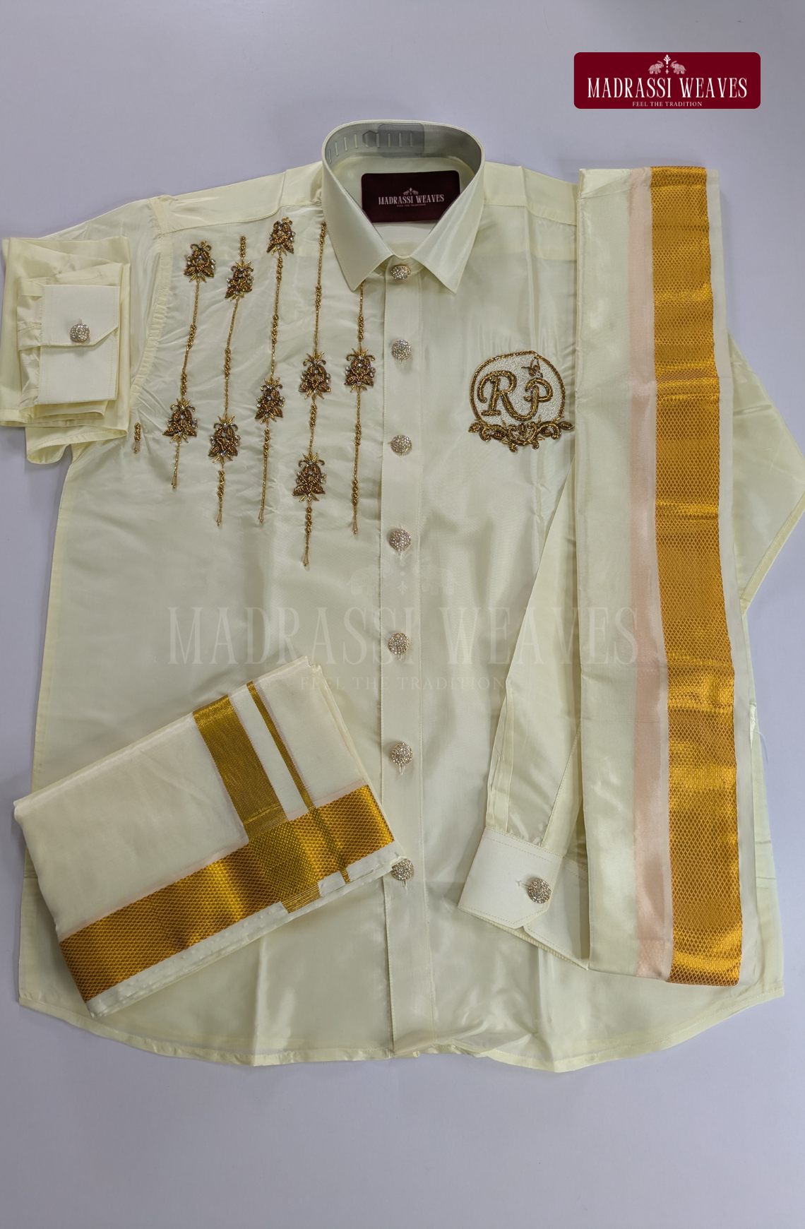 Luxury Aari Work Wedding Silk Dhoti Set (HandCrafted) -(DESPATCH TIME 15 DAYS)