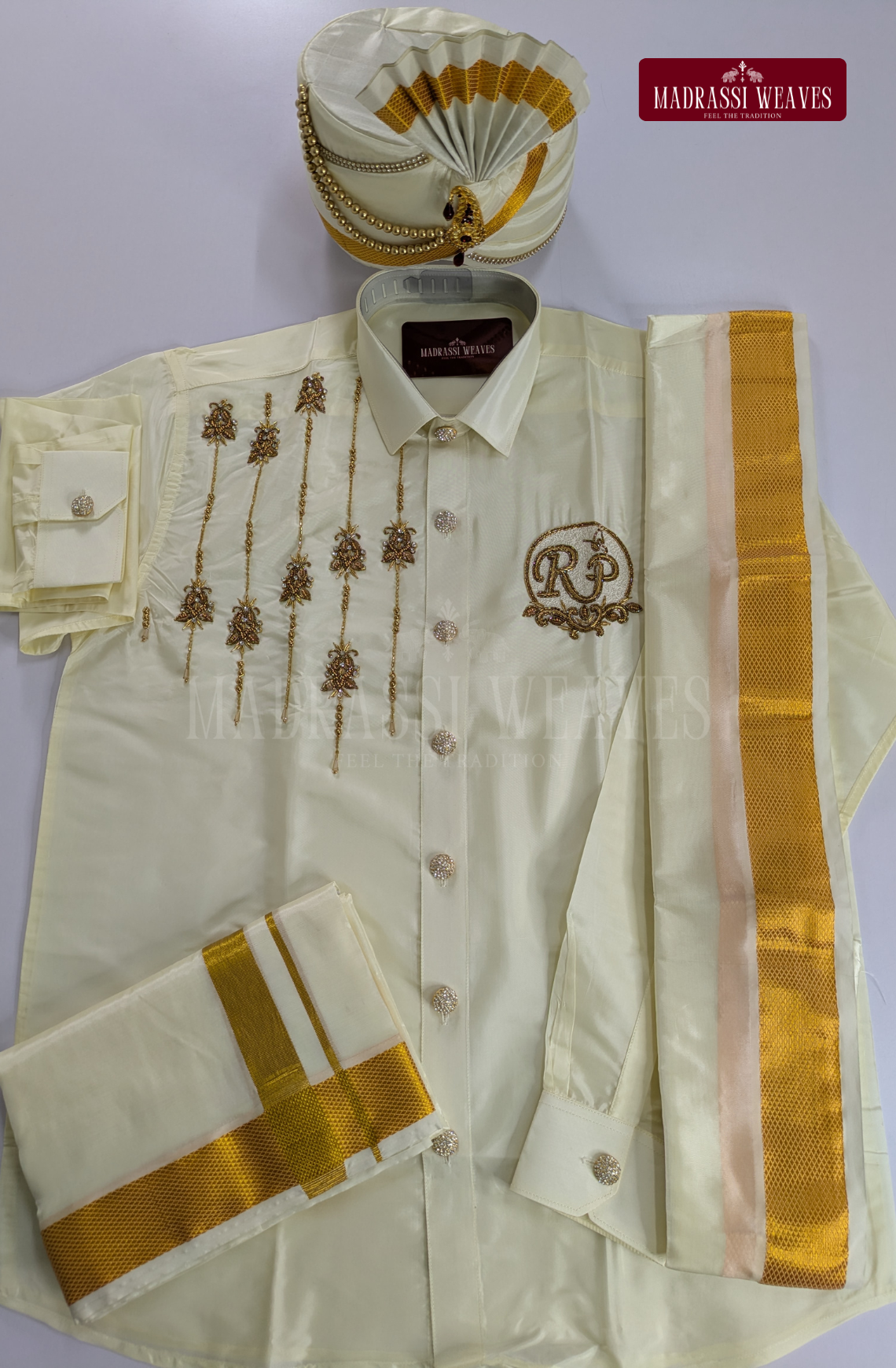 Luxury Aari Work Wedding Silk Dhoti Set (HandCrafted) -(DESPATCH TIME 15 DAYS)