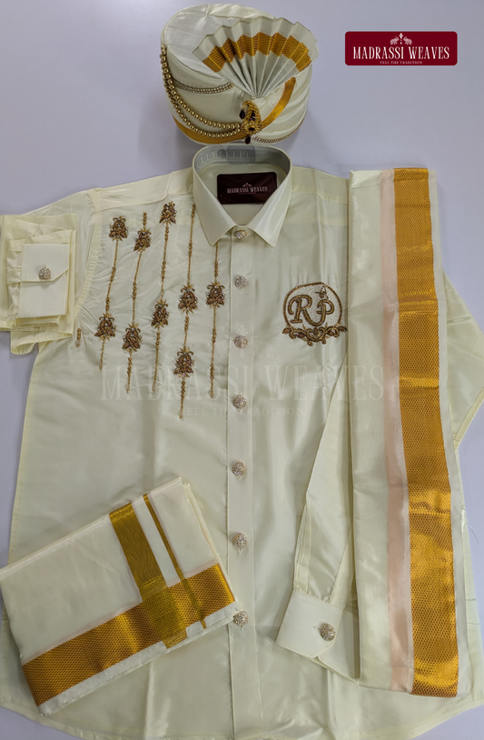 Luxury Aari Work Wedding Silk Dhoti Set (HandCrafted) -(DESPATCH TIME 15 DAYS)