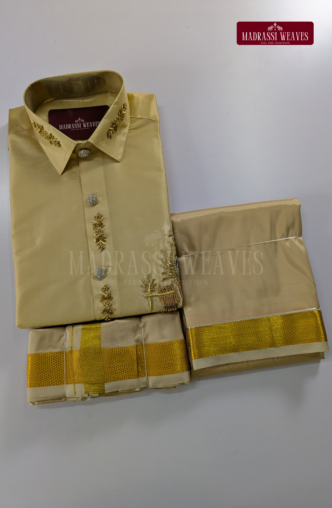 Luxury Aari Work Wedding Silk Dhoti Set (HandCrafted) -(DESPATCH TIME 15 DAYS) - Beige