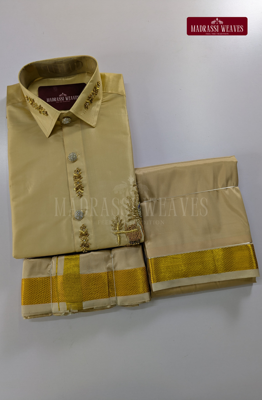 Luxury Aari Work Wedding Silk Dhoti Set (HandCrafted) -(DESPATCH TIME 15 DAYS) - Beige